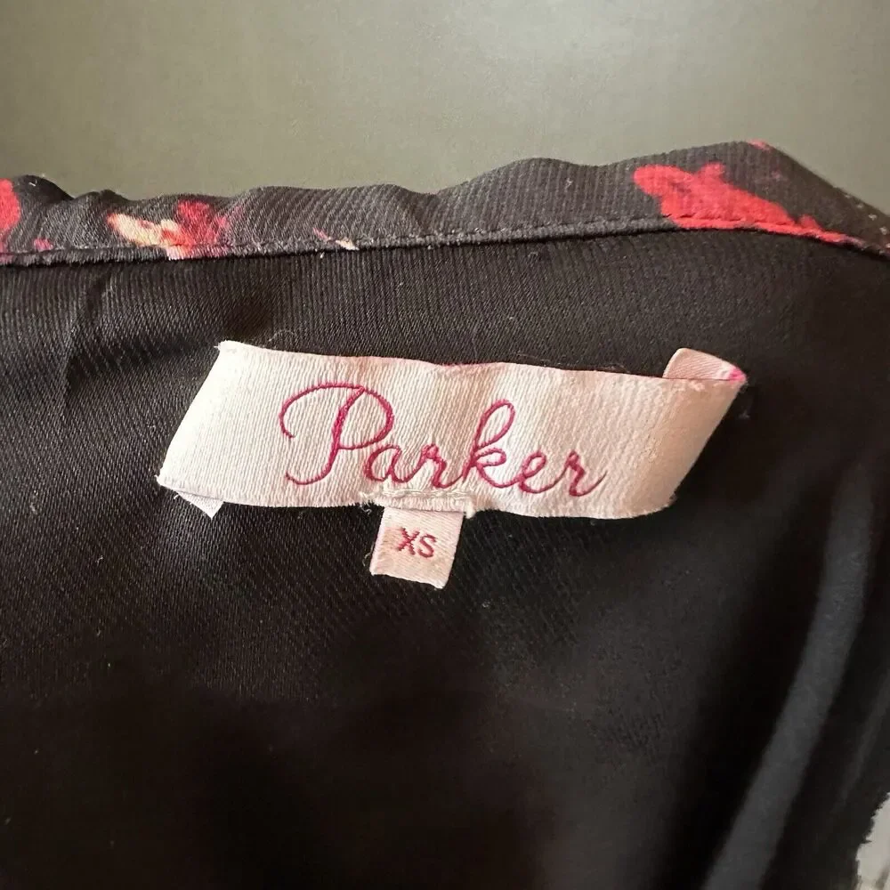 Parker Black Long‎ Sleeve Tiered Ruffle Dress Red White Floral XS Extra Small - Picture 2 of 9
